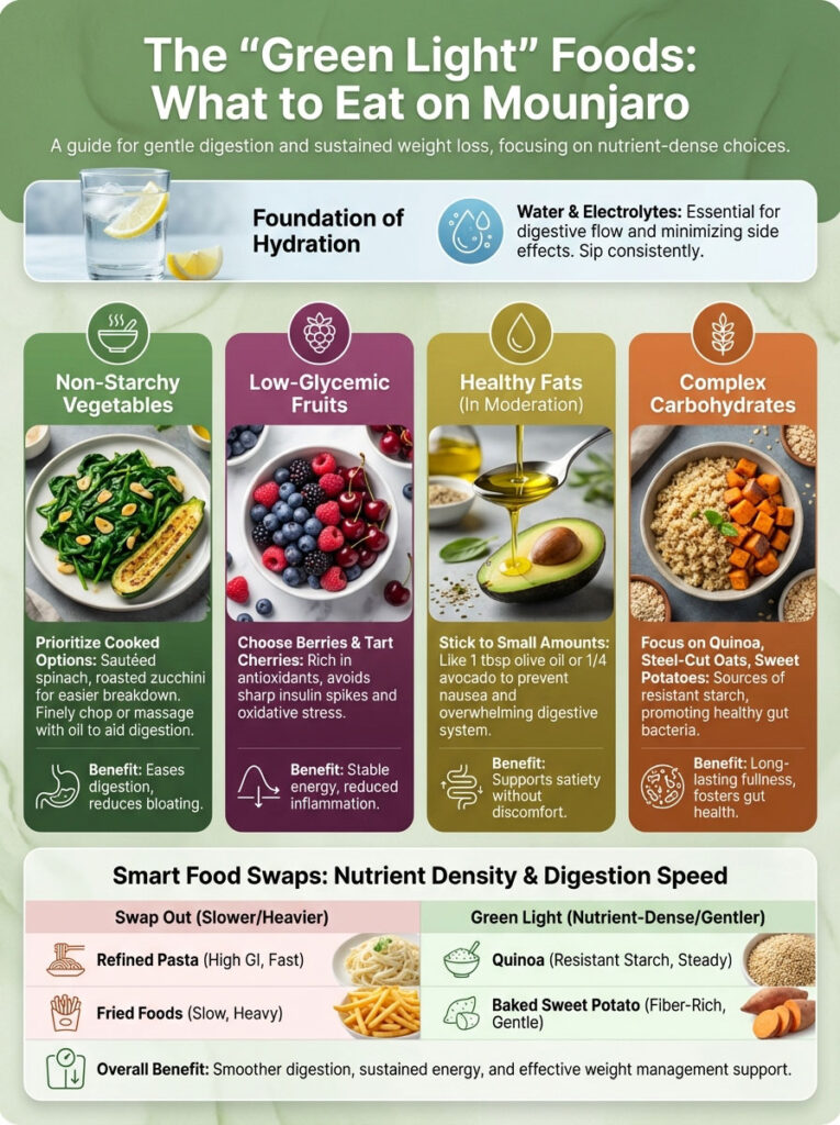 Infographic detailing "Green Light" foods for Mounjaro, including hydration, food categories, and benefits.
