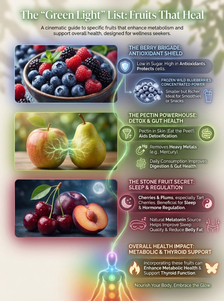 Infographic detailing fruits that enhance metabolism and overall health, featuring berries, apples, and cherries.