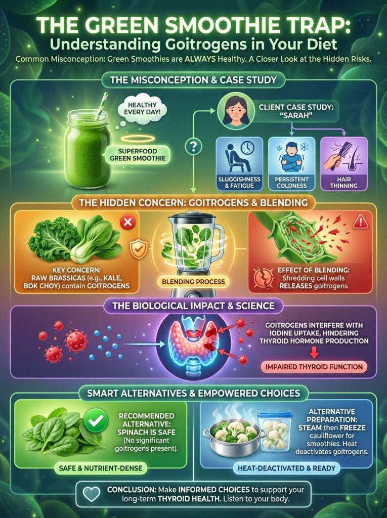 Infographic explaining goitrogens in green smoothies, featuring charts, illustrations, and key health impacts.