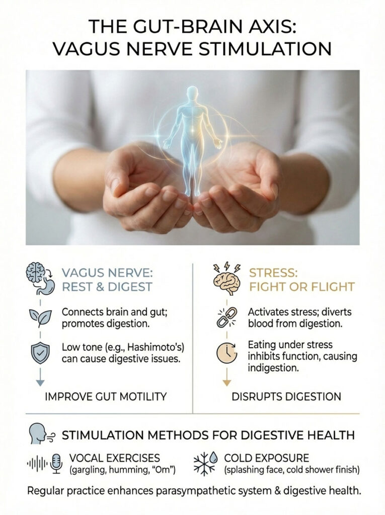 Infographic showing the gut-brain axis, vagus nerve stimulation, and methods for digestive health.