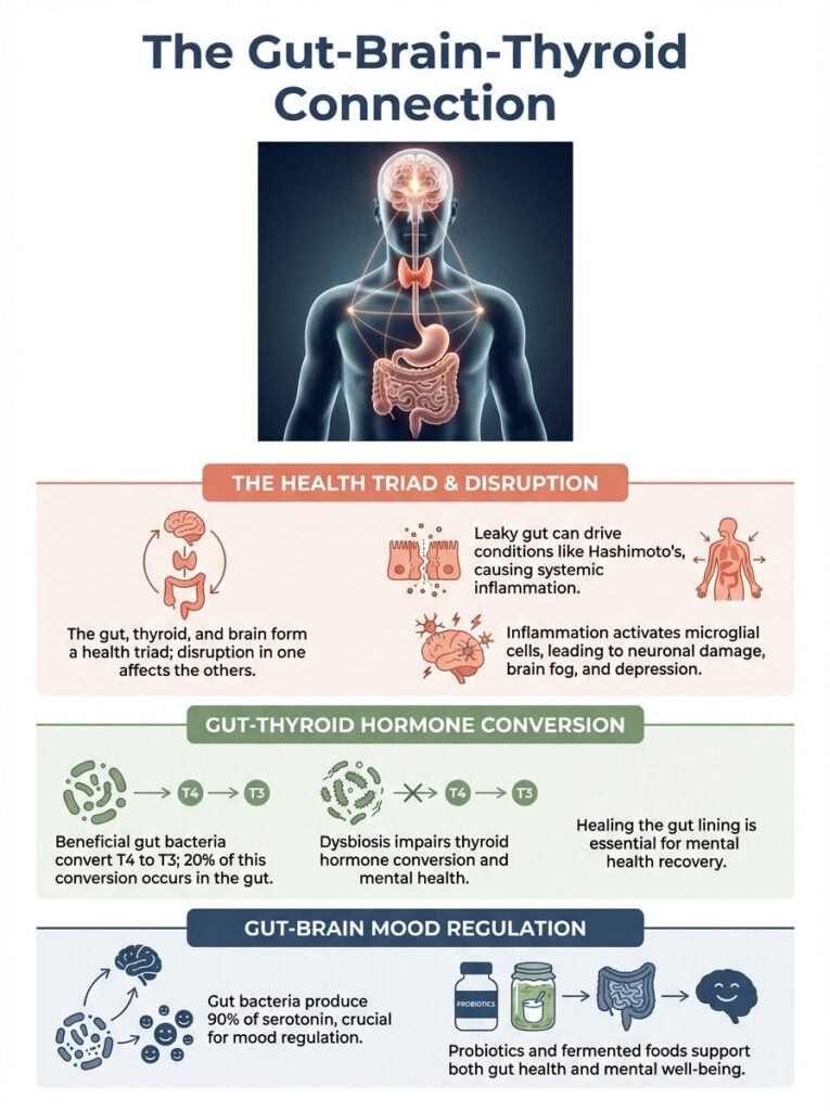 Infographic illustrating the gut-brain-thyroid connection with charts and icons on health triad, hormone conversion, and mood regulation.