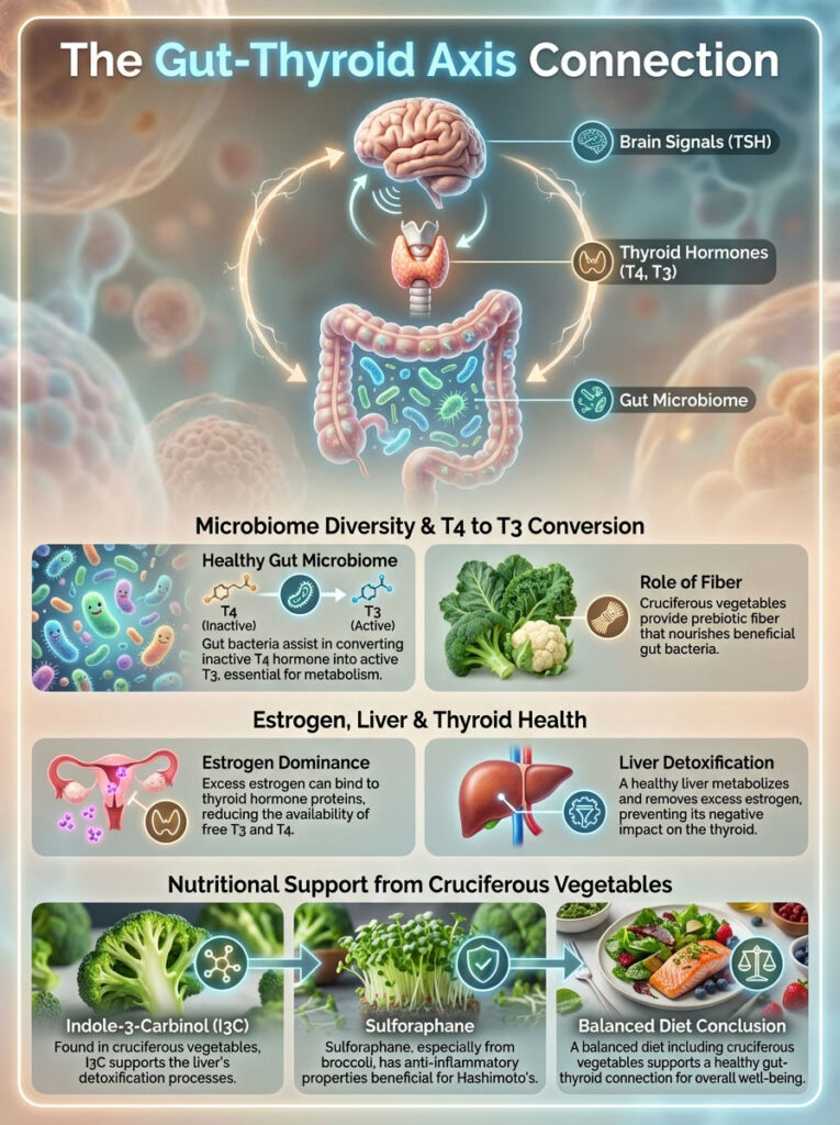 Infographic showing the gut-thyroid axis connection with brain signals, thyroid hormones, and gut microbiome interactions.