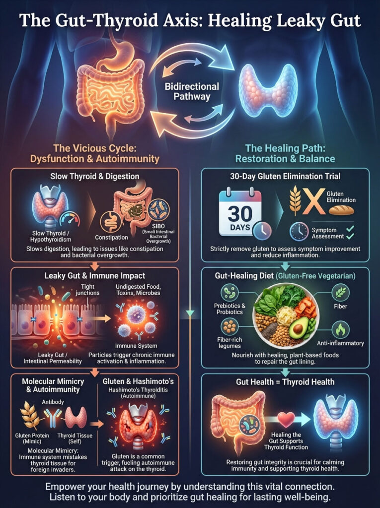 Infographic illustrating the Gut-Thyroid Axis, showing pathways, cycles, and dietary recommendations for healing leaky gut.