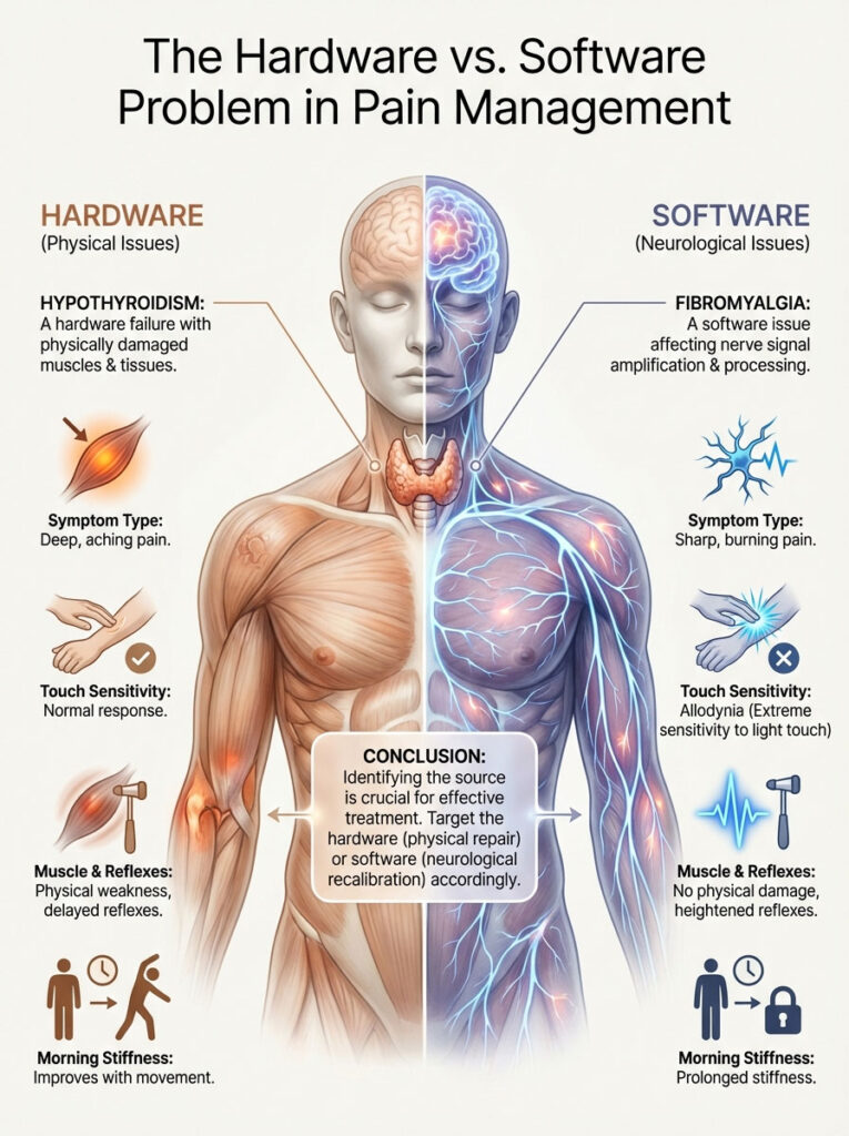 Infographic comparing hardware and software issues in pain management, detailing symptoms and responses for each side.