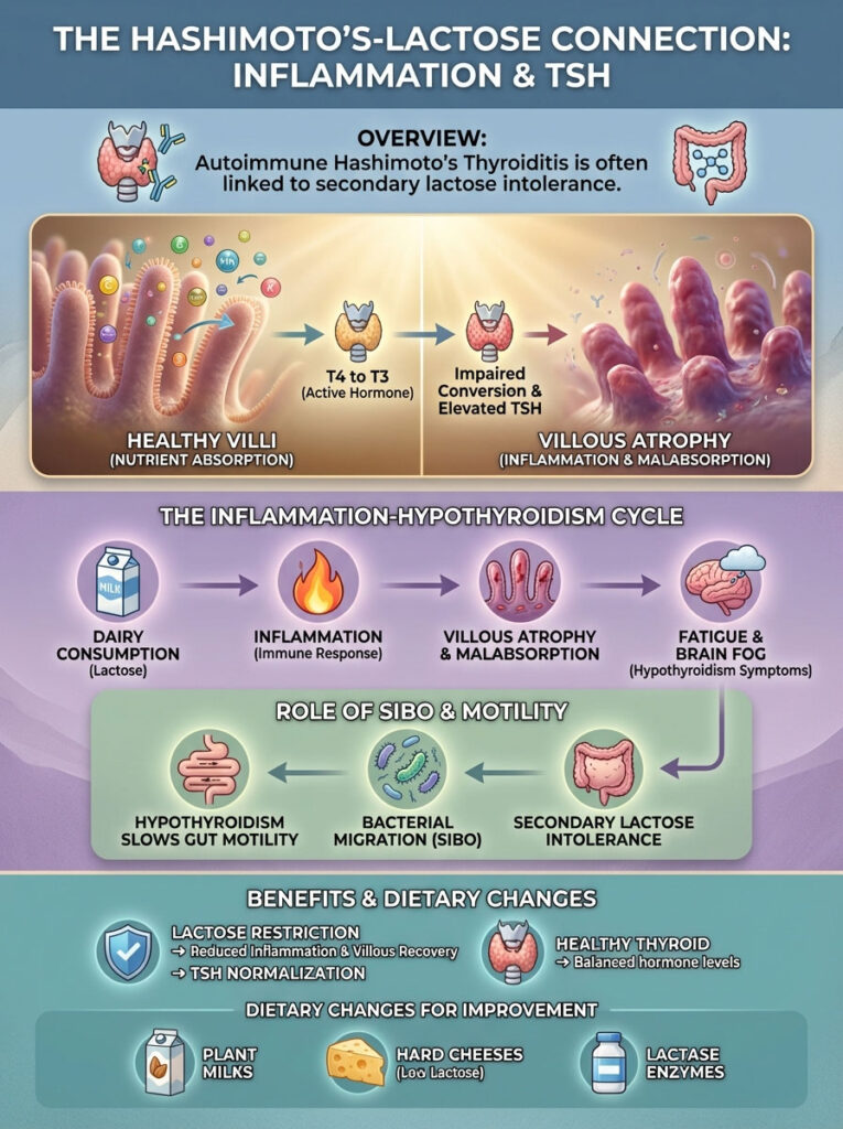 Infographic showing the connection between Hashimoto's thyroiditis, lactose intolerance, and inflammation with charts and icons.