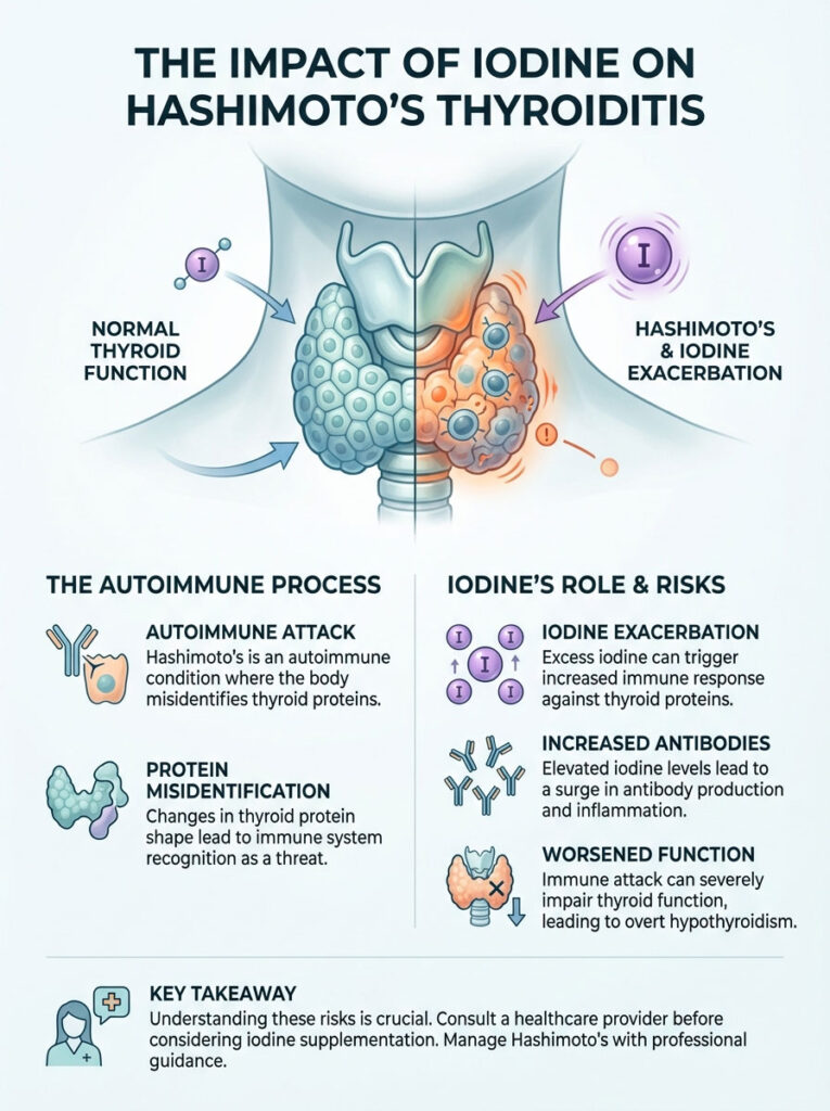 Infographic illustrating the impact of iodine on Hashimoto's thyroiditis, detailing autoimmune processes and risks.
