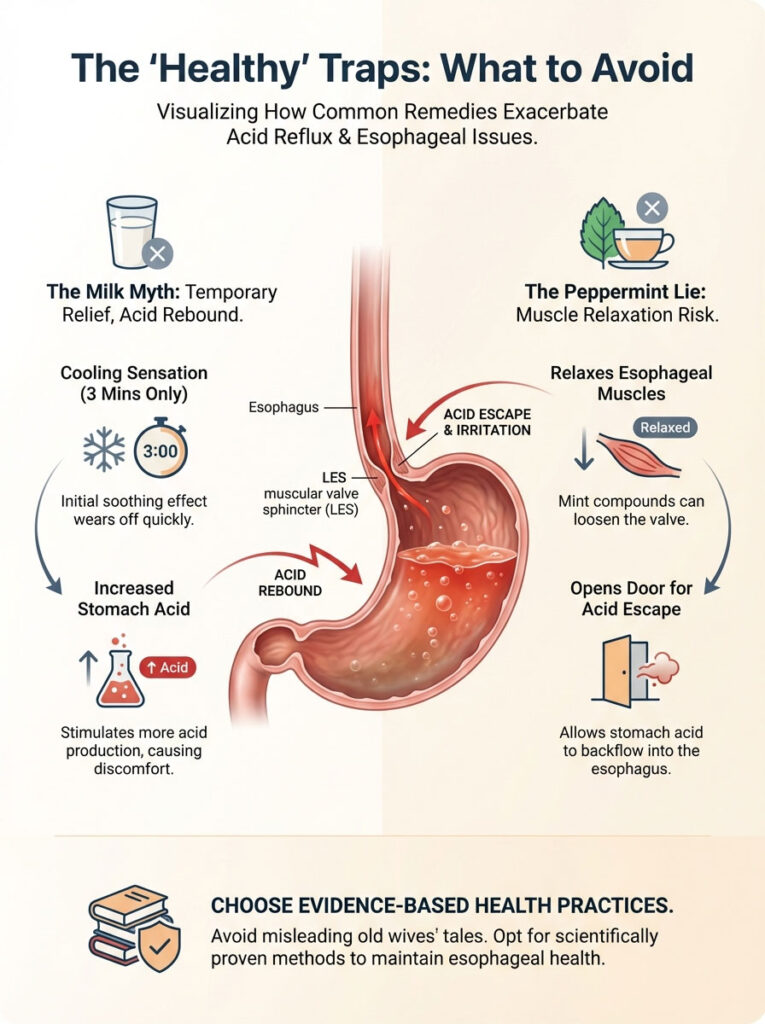 Infographic illustrating common remedies for acid reflux, highlighting myths about milk and peppermint.