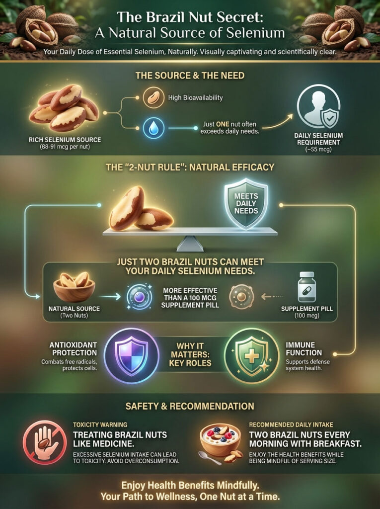 Infographic showing Brazil nuts as a selenium source, highlighting daily needs, benefits, and safety recommendations.