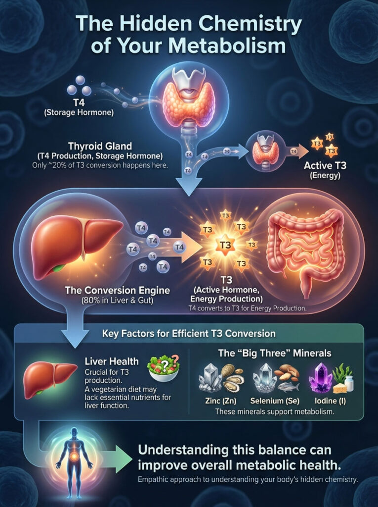 Infographic illustrating metabolism chemistry, featuring T4, T3, thyroid gland, liver, and key minerals for health.