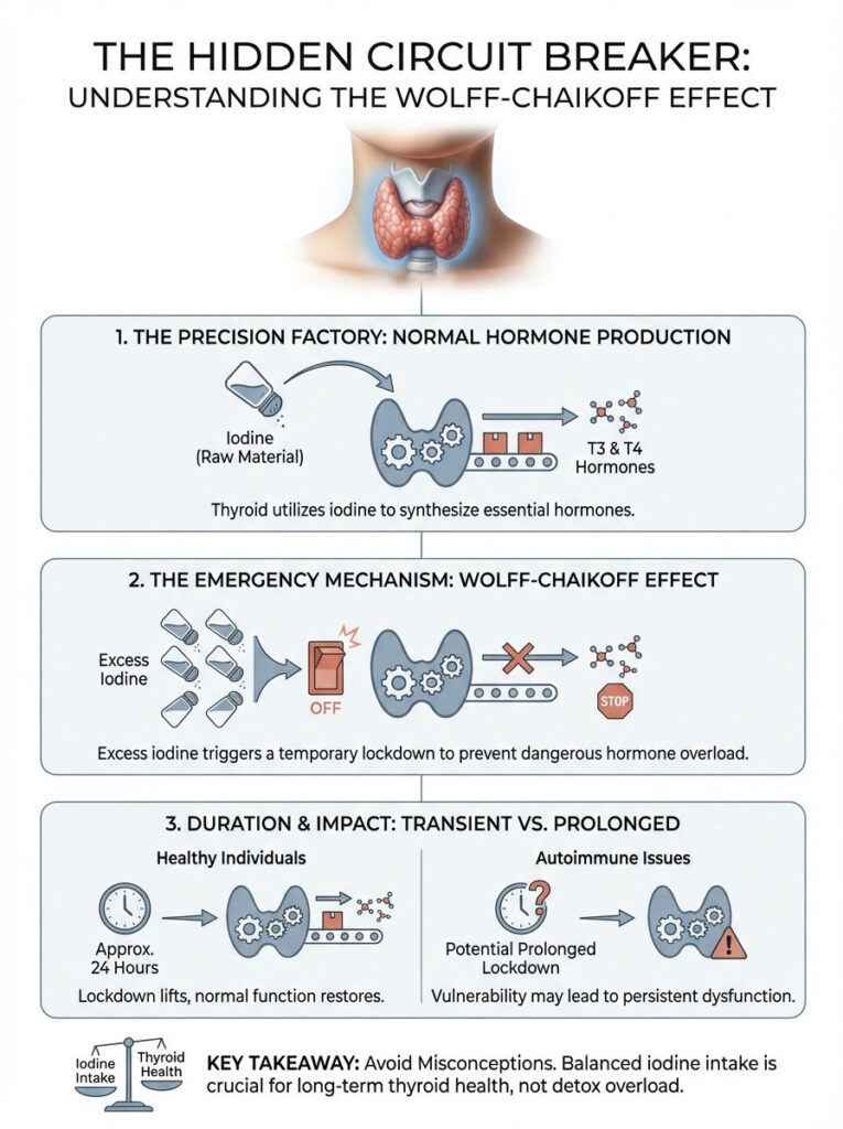 Infographic explaining the Wolff-Chaikoff effect on thyroid health with diagrams and key points on iodine intake.