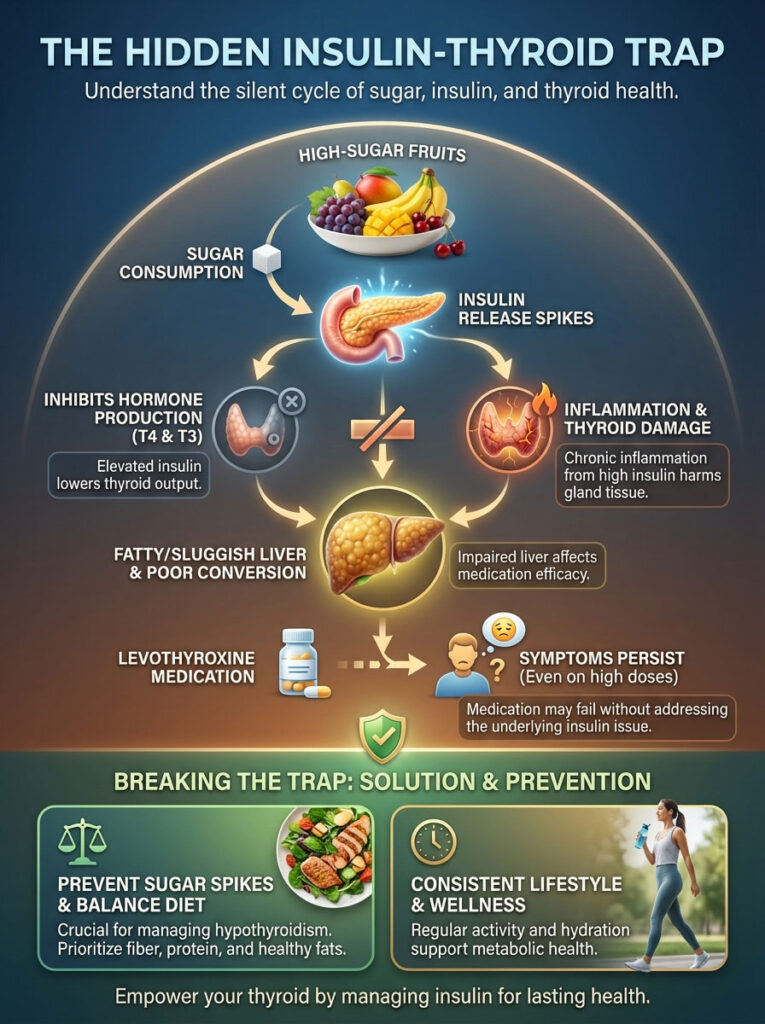 Infographic showing the cycle of sugar, insulin, and thyroid health with charts and illustrations of fruits, liver, and medication.