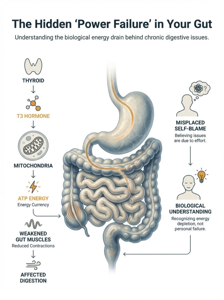Infographic explaining gut energy drain, featuring thyroid, mitochondria, ATP energy, and digestion issues.