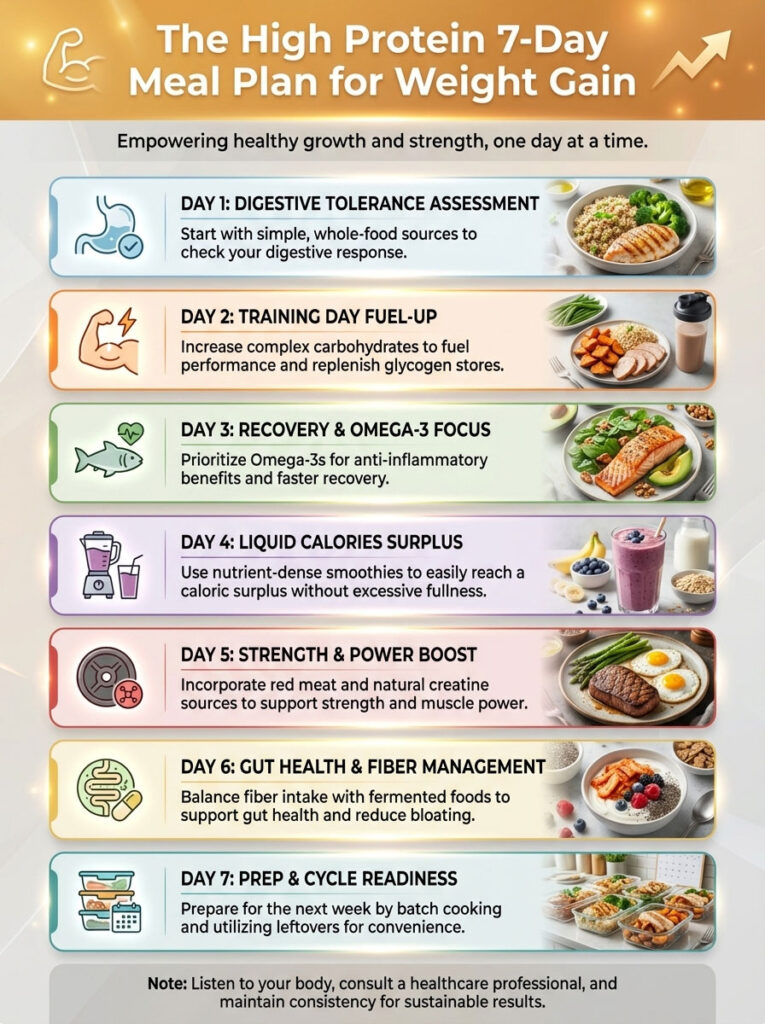 Infographic detailing a 7-day high protein meal plan for weight gain with daily tips and food illustrations.