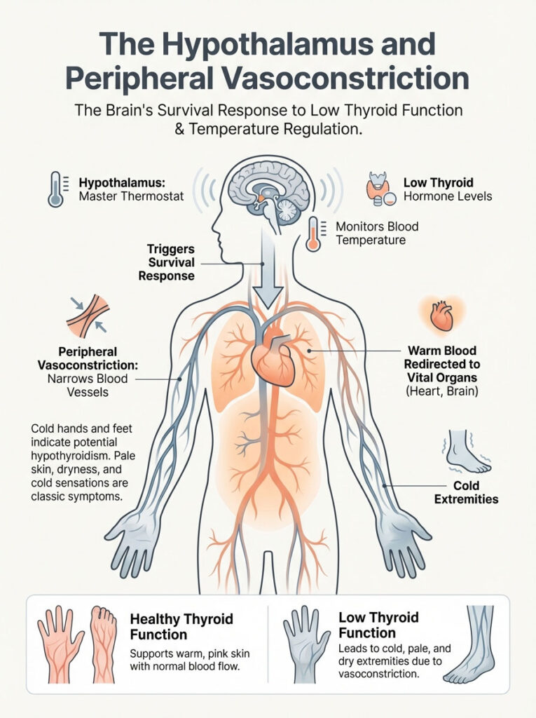 Infographic illustrating the hypothalamus and peripheral vasoconstriction related to low thyroid function and temperature regulation.