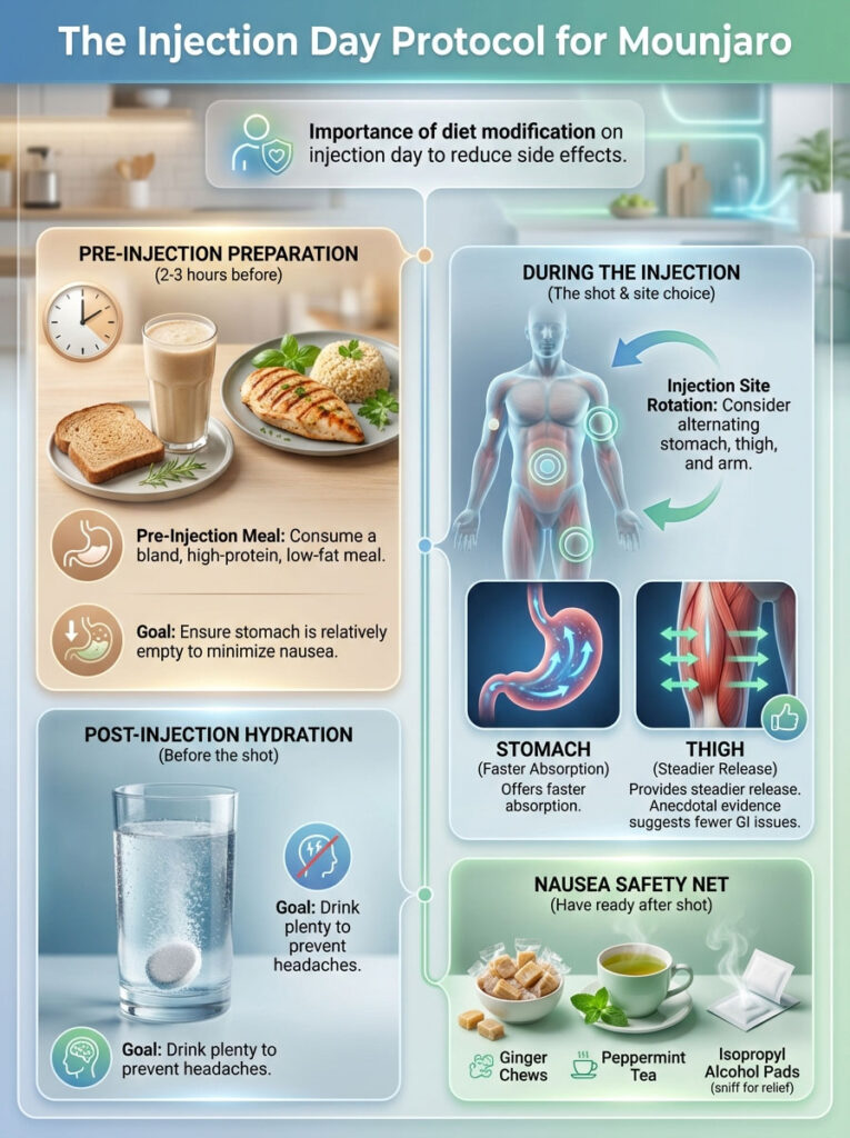 Infographic detailing injection day protocol for Mounjaro, including meal prep, injection sites, and nausea remedies.