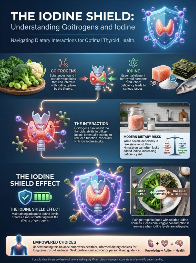 Infographic explaining goitrogens, iodine, and their interaction on thyroid health with charts and illustrations.