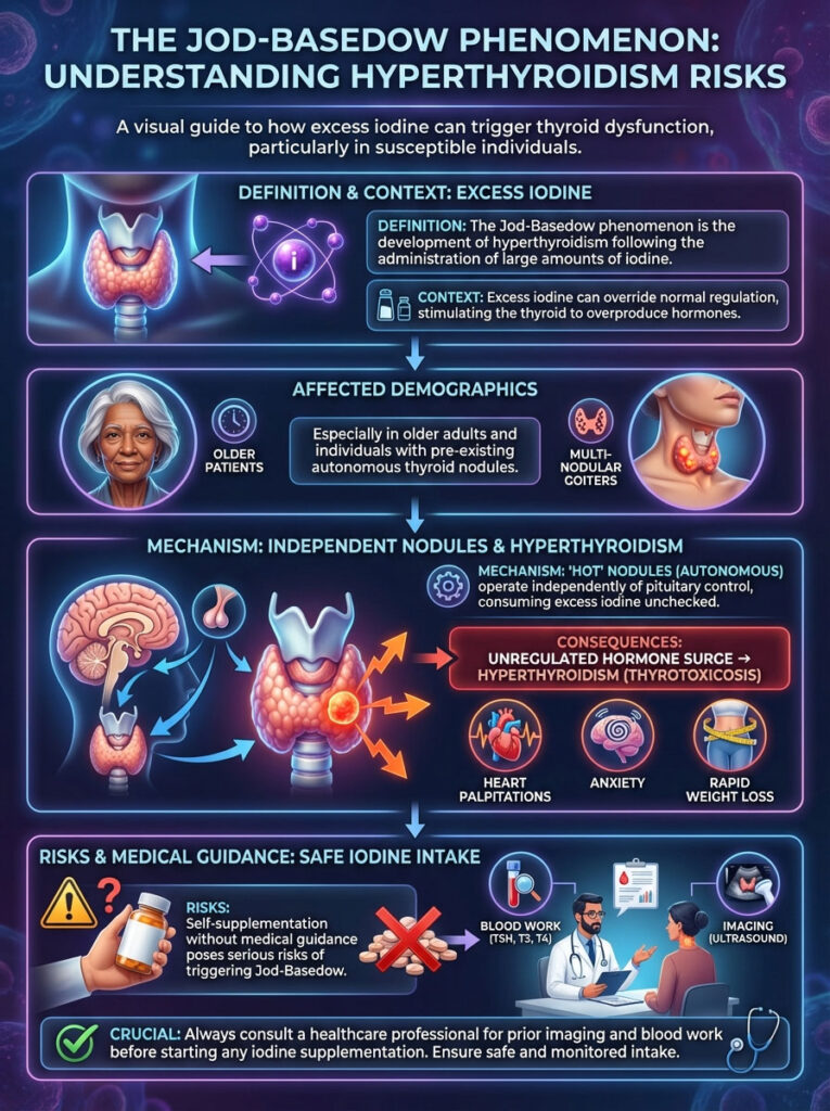 Infographic explaining the Jod-Basedow phenomenon and hyperthyroidism risks, featuring diagrams and key information.