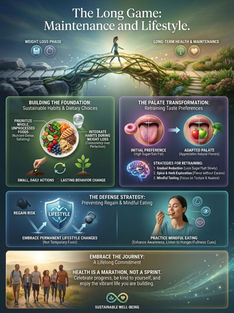 Infographic illustrating sustainable habits for weight loss and lifestyle maintenance with charts and icons.