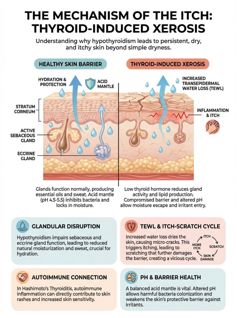 Infographic illustrating thyroid-induced xerosis, showing healthy skin barrier vs. xerosis with glands and hydration details.