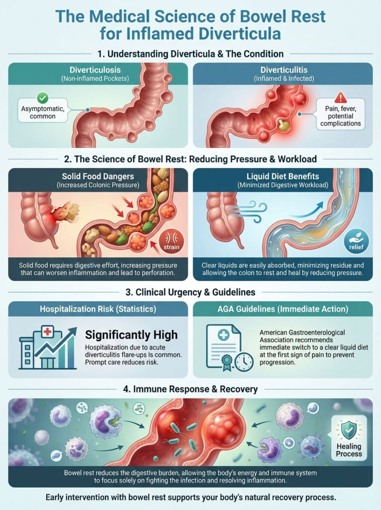 Infographic explaining bowel rest for inflamed diverticula, showing diagrams, statistics, and key messages about treatment.