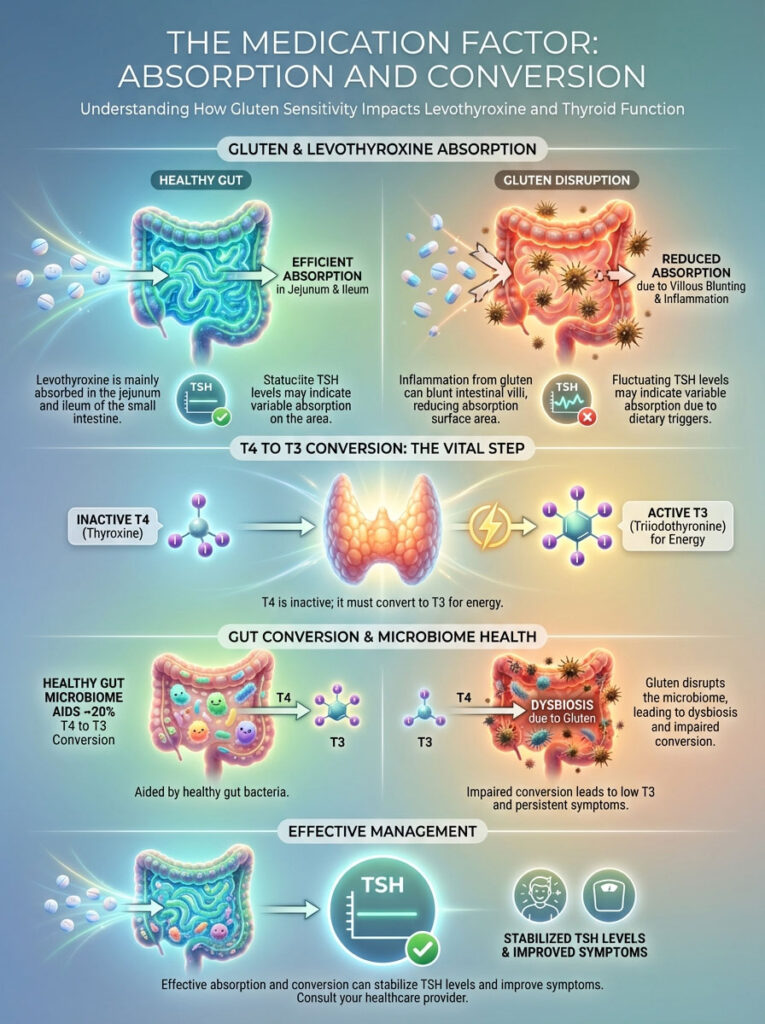 Infographic illustrating gluten sensitivity's impact on levothyroxine absorption and thyroid function with charts and icons.