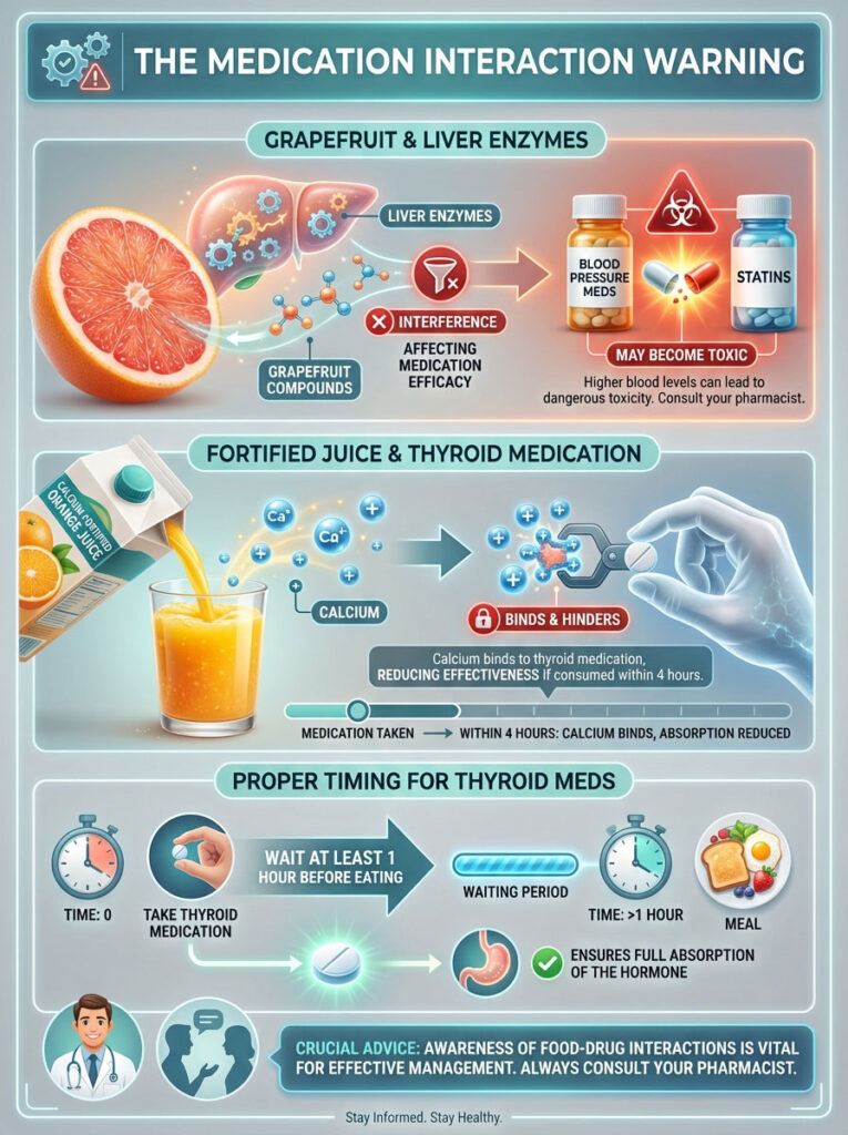 Infographic showing medication interactions with grapefruit, fortified juice, and timing for thyroid meds.