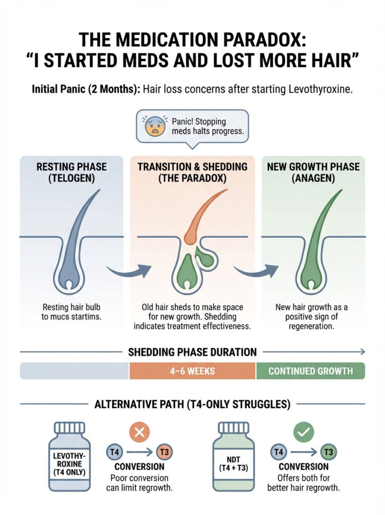 Infographic explaining hair loss phases after starting Levothyroxine, showing resting, shedding, and growth phases.