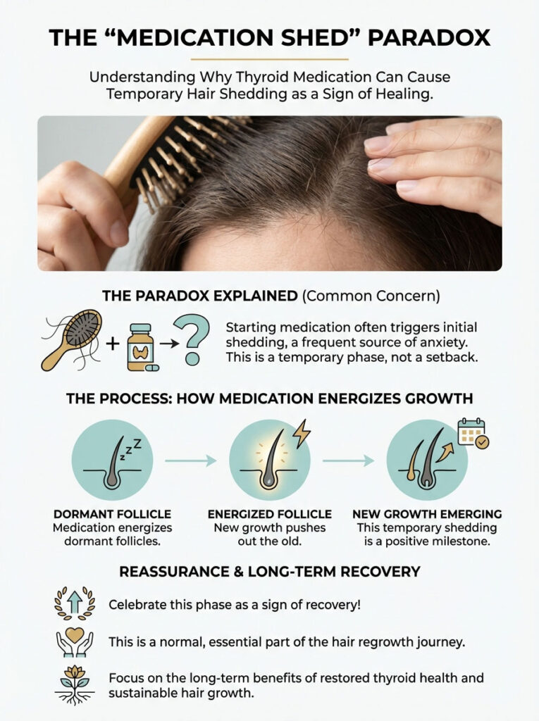 Infographic explaining the "Medication Shed" paradox in thyroid treatment, featuring illustrations and text on hair shedding and growth phases.