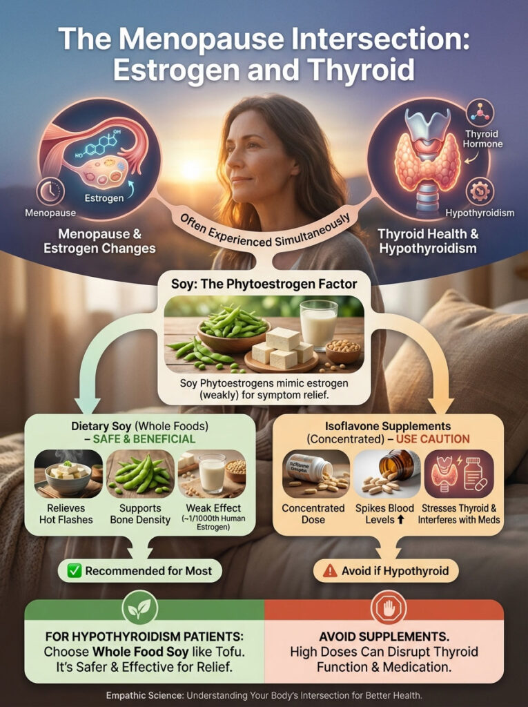 Infographic on menopause, estrogen, and thyroid health with charts on soy benefits and cautions for hypothyroidism.