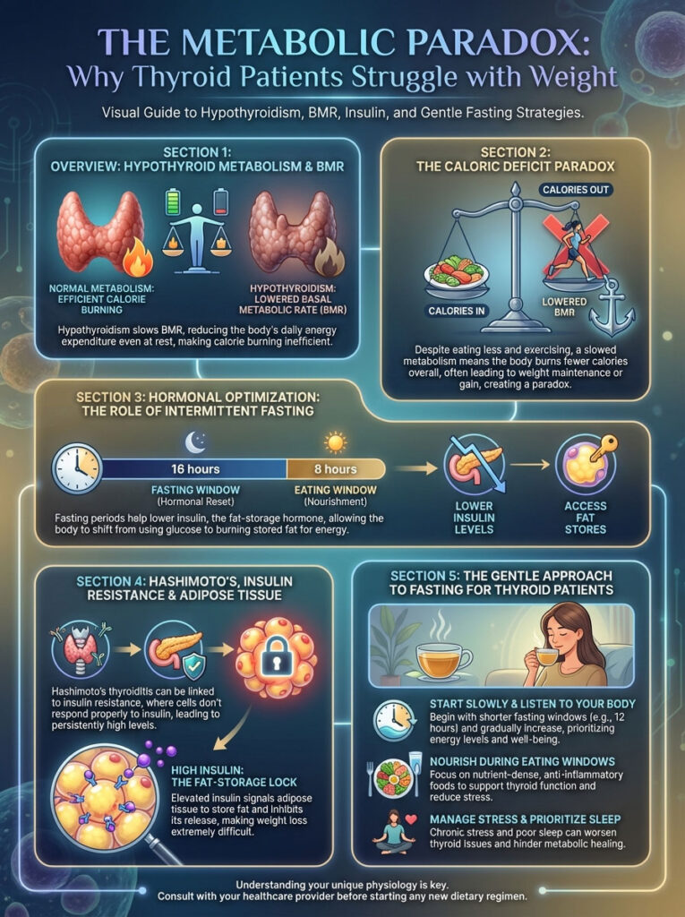 Infographic explaining thyroid metabolism, caloric deficit, intermittent fasting, and insulin resistance in weight management.