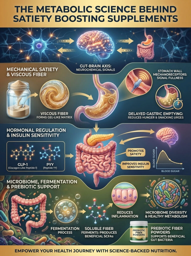 Infographic illustrating metabolic science of satiety-boosting supplements with brain, gut, and fiber visuals.