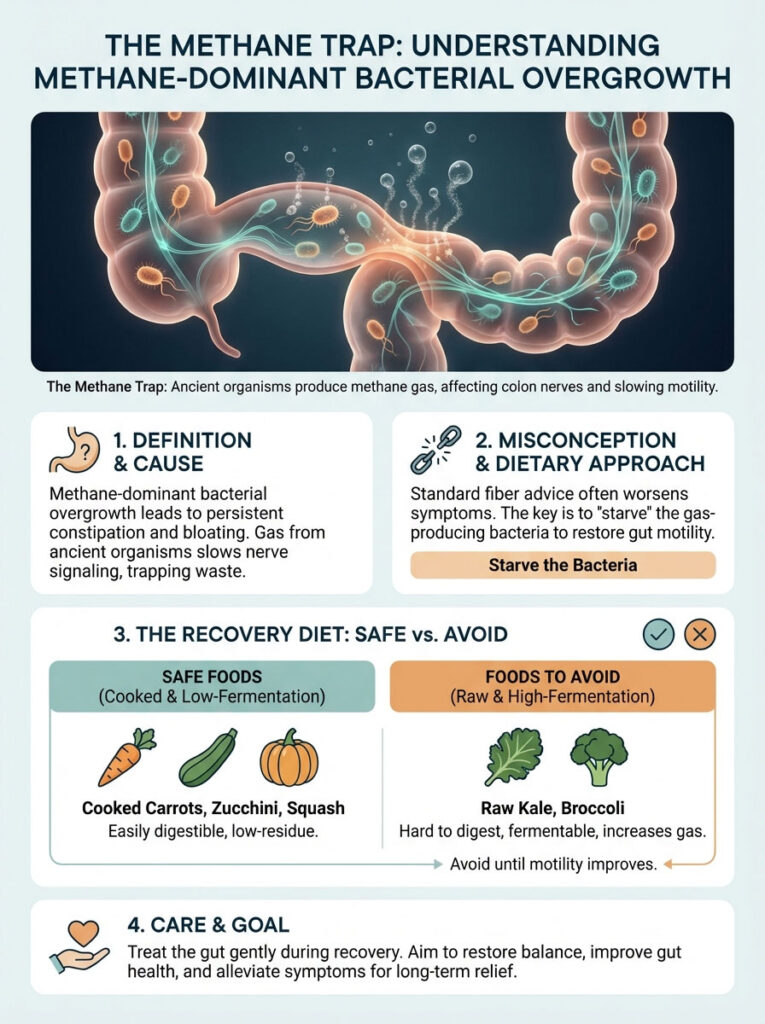 Infographic illustrating methane-dominant bacterial overgrowth, safe foods, and foods to avoid for gut health recovery.