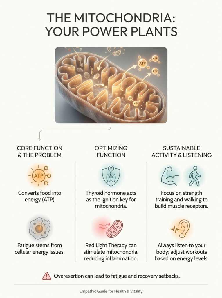 Infographic illustrating mitochondria functions, including ATP production, thyroid hormone role, and exercise tips.