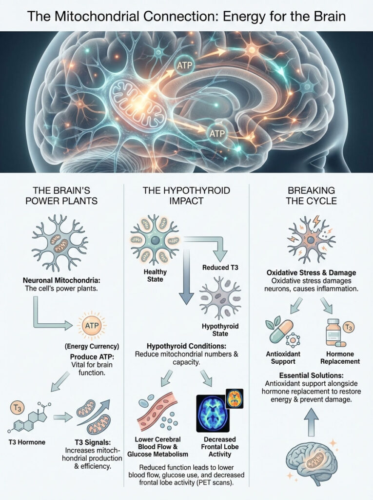 Infographic illustrating the mitochondrial connection for brain energy, detailing ATP production and hypothyroid impact.