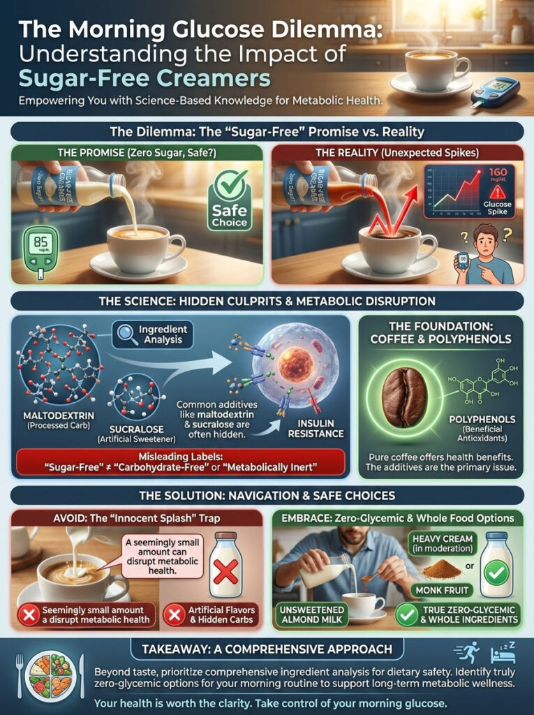 Infographic showing the impact of sugar-free creamers on glucose levels, featuring charts and ingredient analysis.