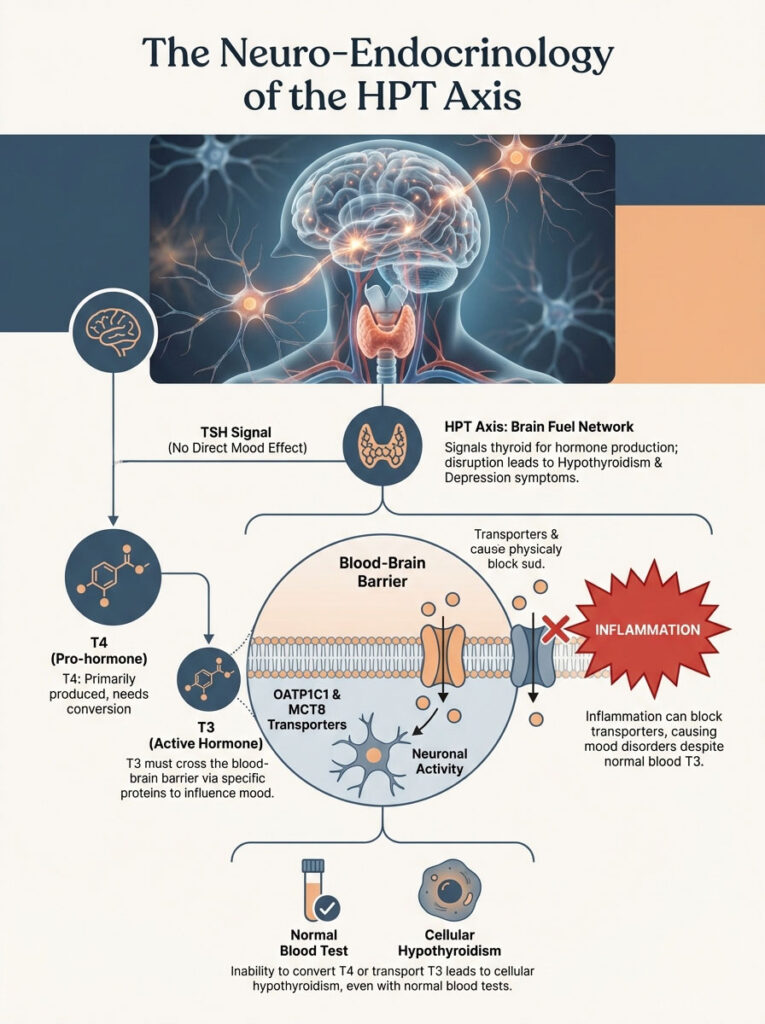 Infographic illustrating the neuro-endocrinology of the HPT axis, showing TSH, T4, T3, blood-brain barrier, and inflammation effects.