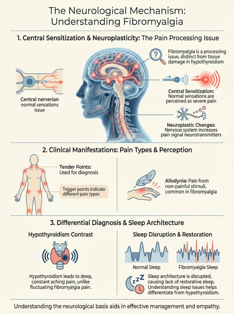 Infographic explaining fibromyalgia's neurological mechanisms, including pain processing and sleep disruption.