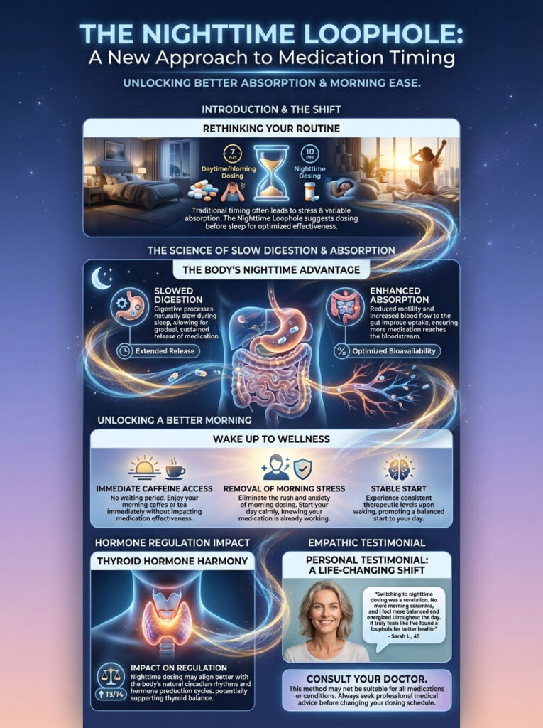 Infographic explaining nighttime medication timing benefits, featuring charts, icons, and testimonials about absorption and wellness.