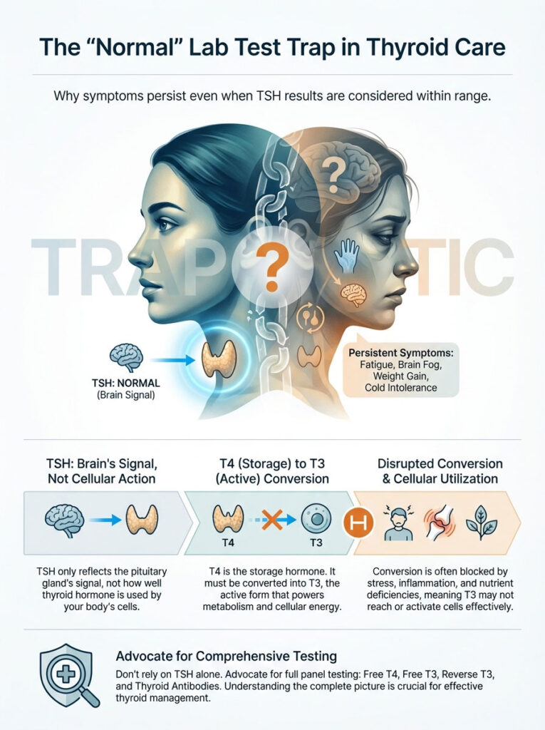 Infographic explaining thyroid care, showing TSH levels, symptoms, and hormone conversion processes.