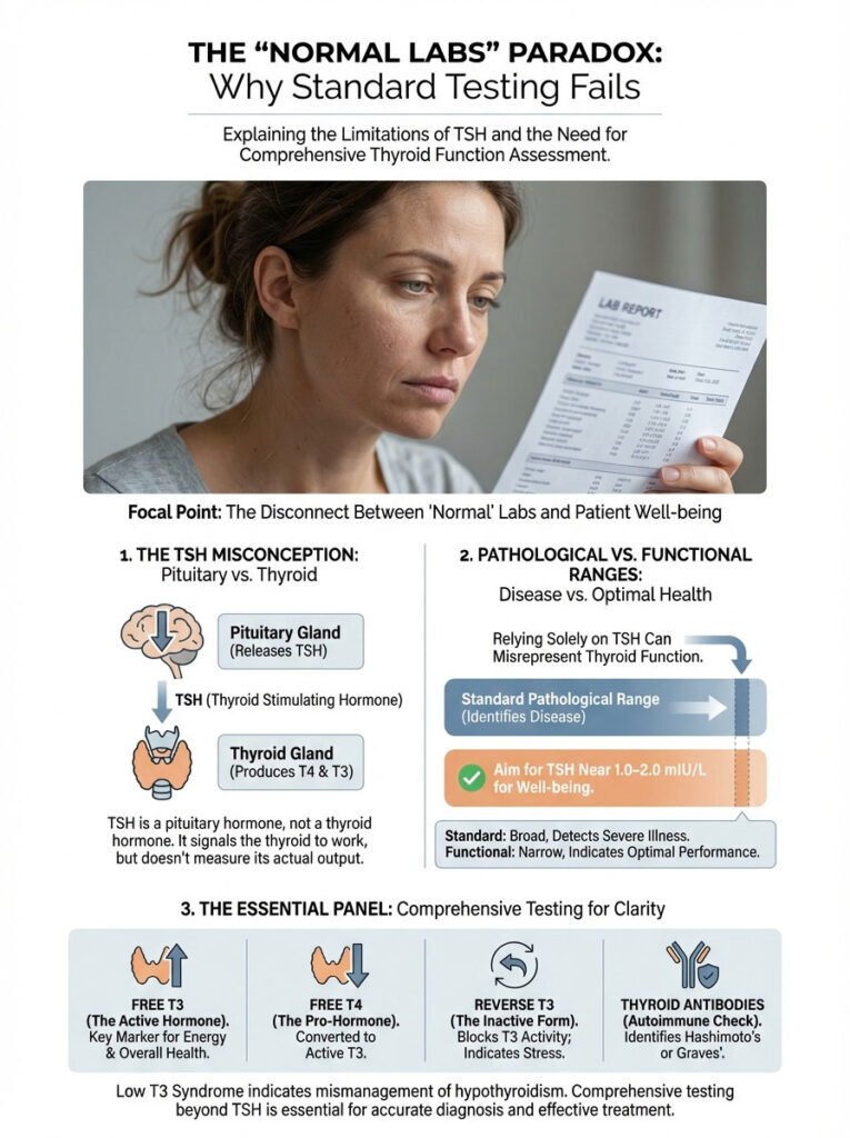 Woman examines lab report highlighting thyroid testing misconceptions and essential panel for health assessment. Infographic.