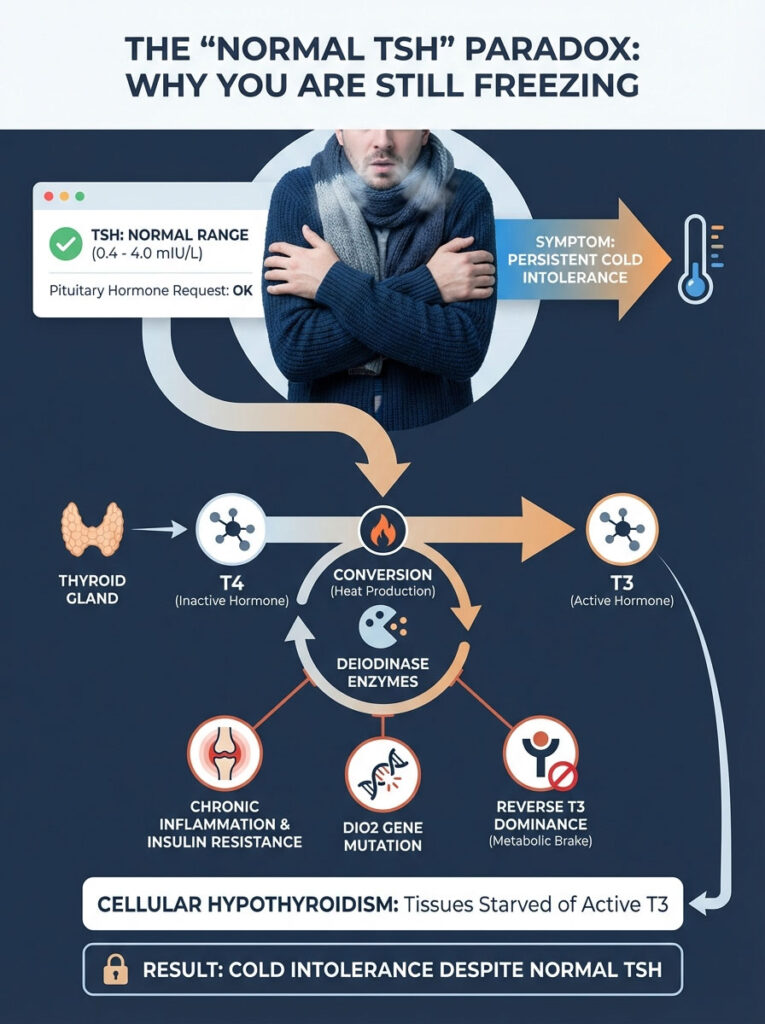 Infographic explaining the "Normal TSH" paradox with charts on thyroid hormones and cold intolerance symptoms.