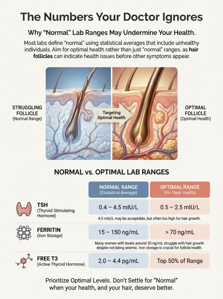 Infographic comparing normal vs. optimal lab ranges for thyroid and hair health, featuring illustrations of hair follicles.