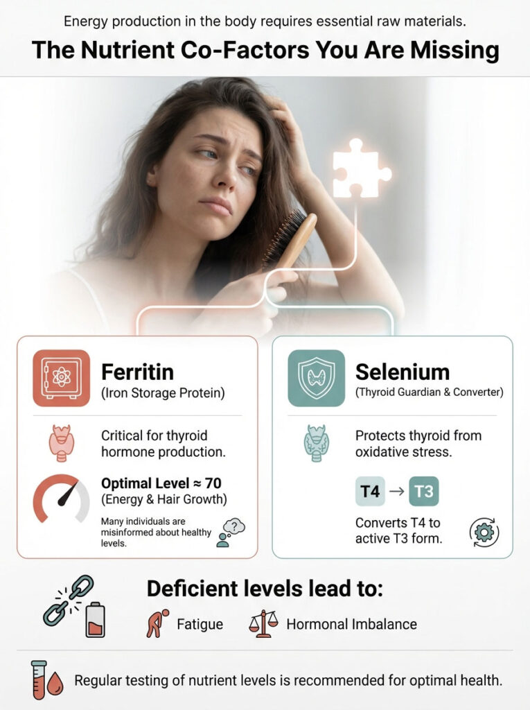 Infographic showing nutrient co-factors Ferritin and Selenium, their roles, optimal levels, and deficiency effects.