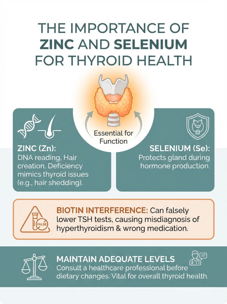 Infographic showing the importance of zinc and selenium for thyroid health with key points and illustrations.