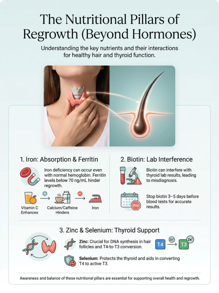 Infographic detailing nutritional pillars of hair regrowth, including iron, biotin, zinc, and selenium with illustrations.