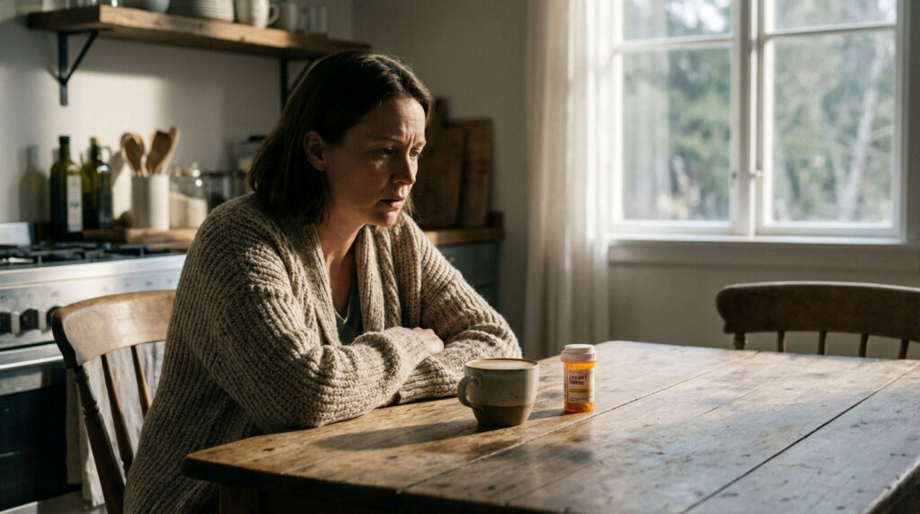 A woman sits at a wooden table, looking thoughtfully at a pill bottle and a mug in a bright kitchen setting.