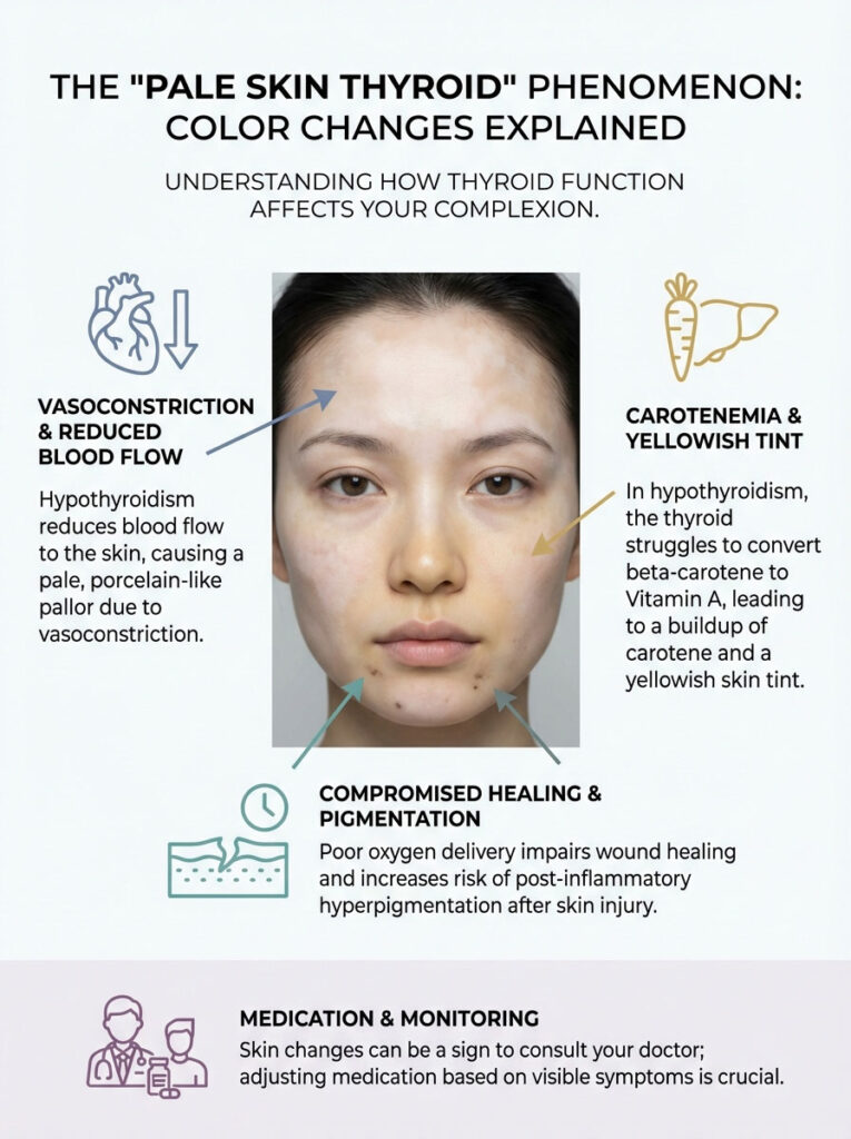 Infographic explaining "Pale Skin Thyroid" phenomenon with illustrations and text on skin color changes due to thyroid function.