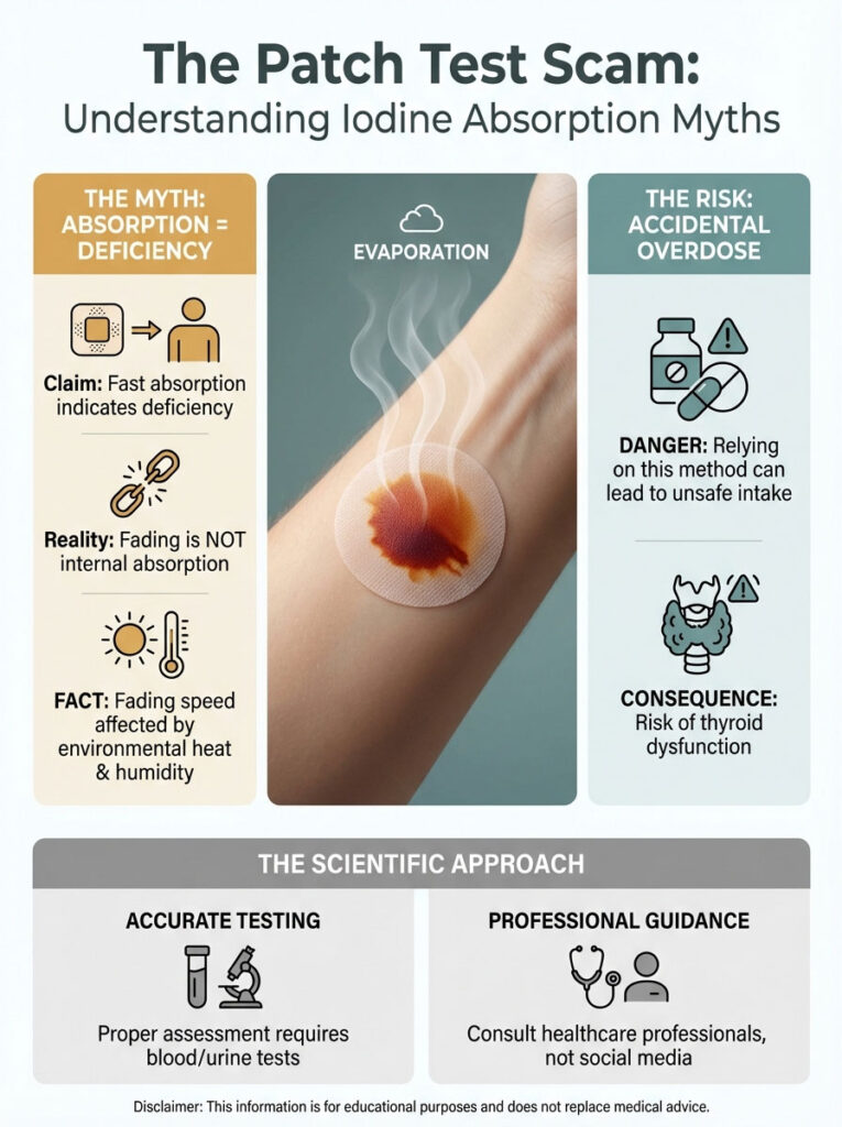 Infographic explaining iodine absorption myths with claims, realities, risks, and scientific approach details.