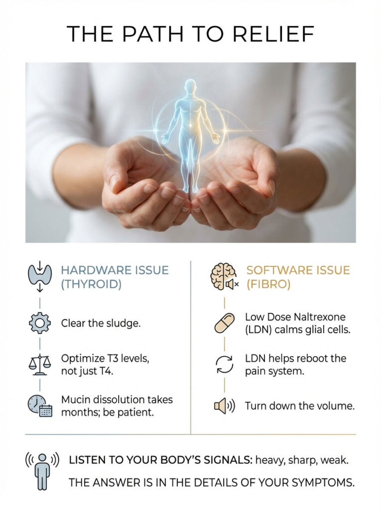 Hands hold a glowing figure; text discusses thyroid and fibromyalgia issues with solutions and advice. Infographic.
