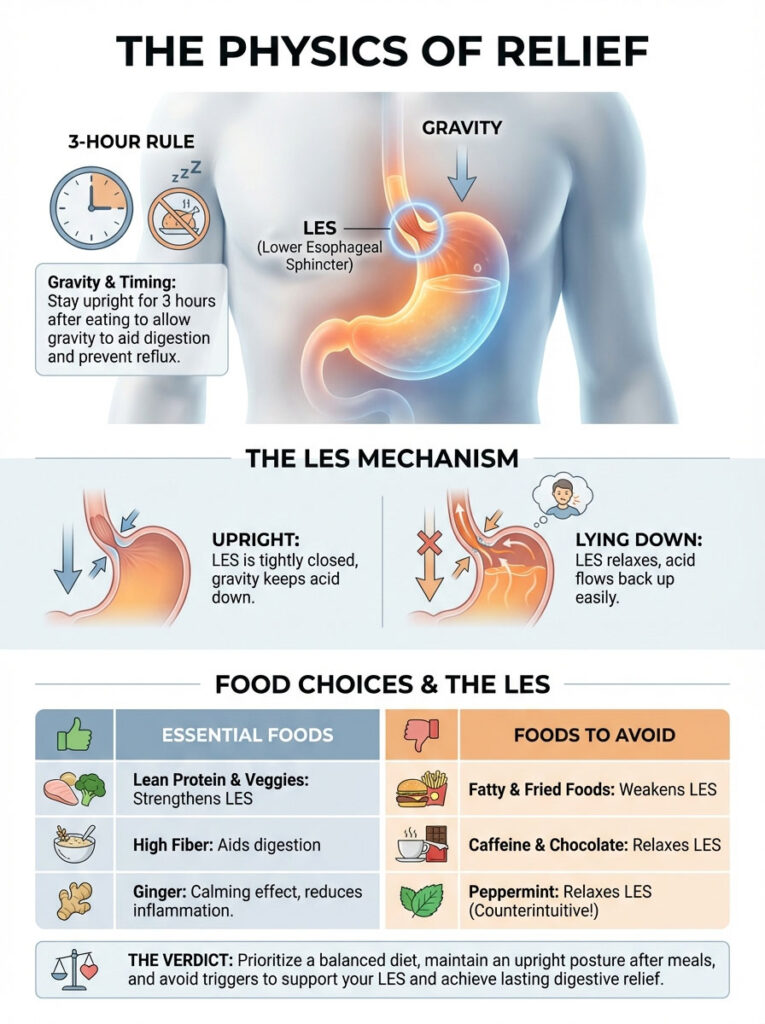Infographic explaining the physics of relief, featuring LES mechanism, food choices, and the 3-hour rule.